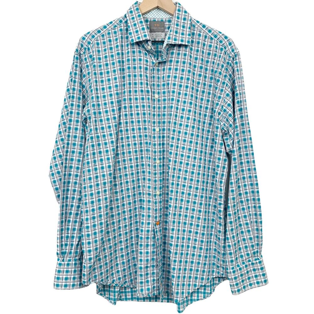 Thomas Dean Button Up Casual Shirt Size XL Plaid Turquoise Blue Contrast Cuff